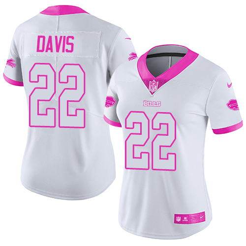 Nike Bills #22 Vontae Davis White/Pink Women's Stitched NFL Limited Rush Fashion Jersey - Click Image to Close